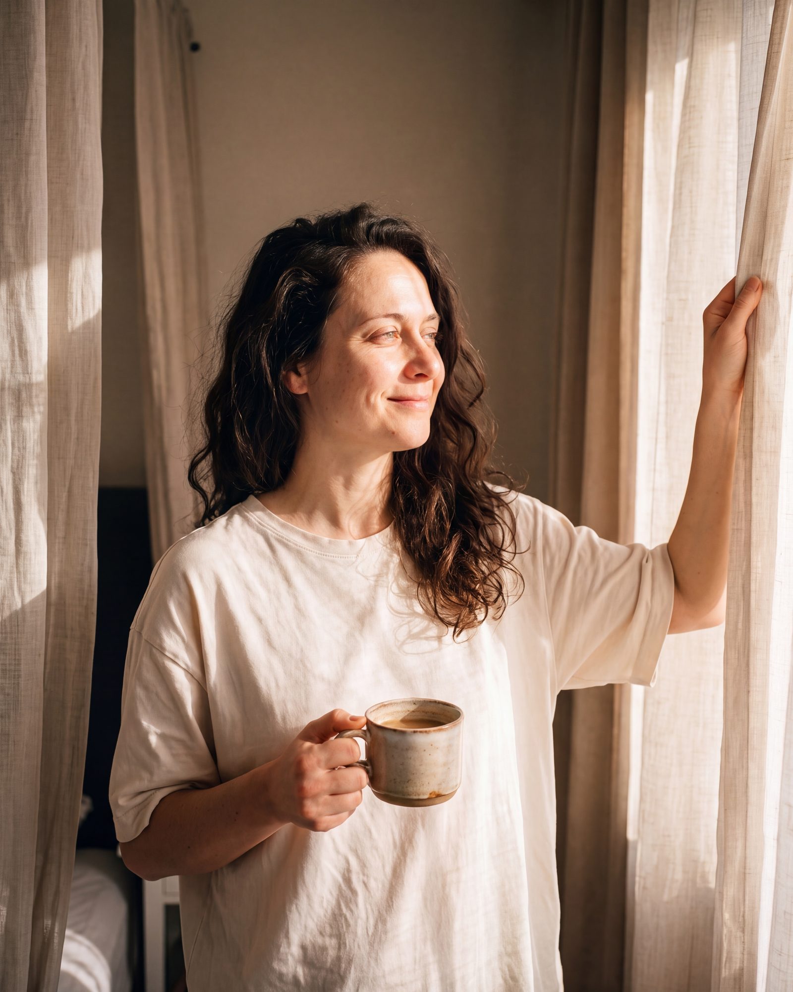 La même femme au réveil ouvre les rideaux sur une lumière chaude, une tasse à la main