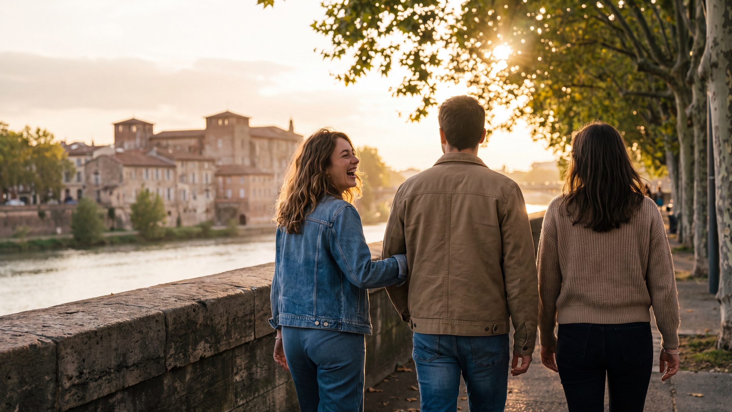 Trois amis marchent en riant le long d'un quai à l'heure dorée, sans téléphone en main