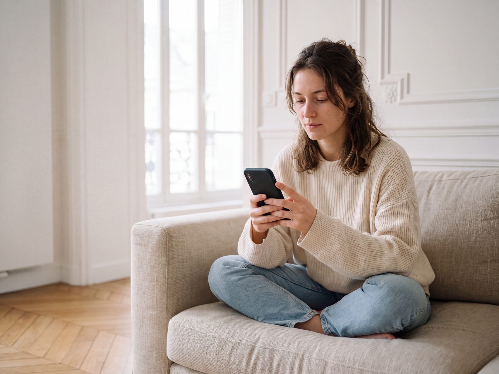 Une jeune femme assise en tailleur sur un canapé règle ses modes sur son iPhone