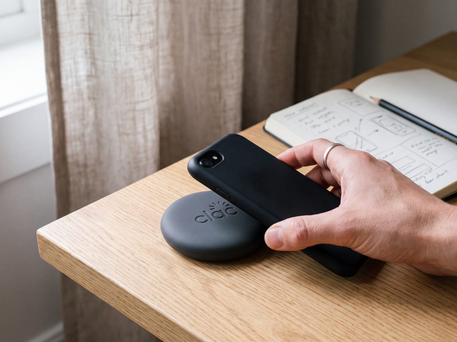 Une main pose le haut d'un iPhone sur le Clac, sur un bureau en chêne