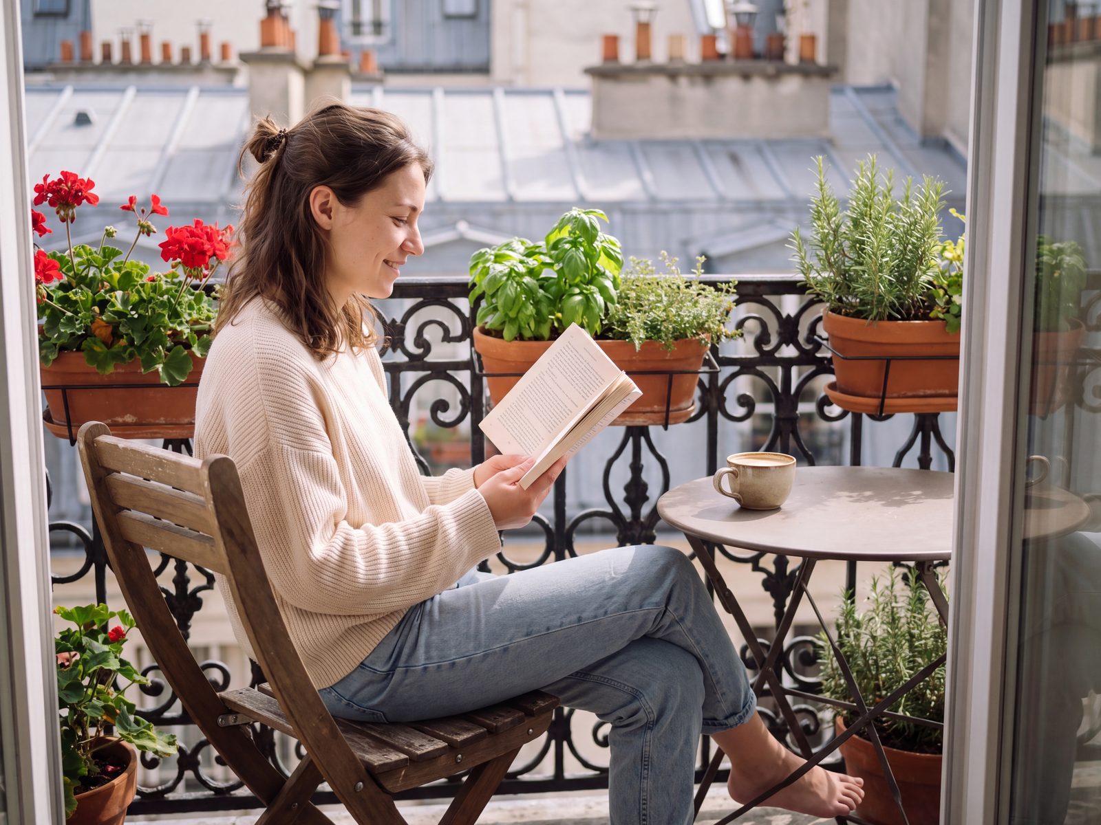 La même jeune femme lit un roman sur un balcon fleuri, un café à côté d'elle, sans téléphone