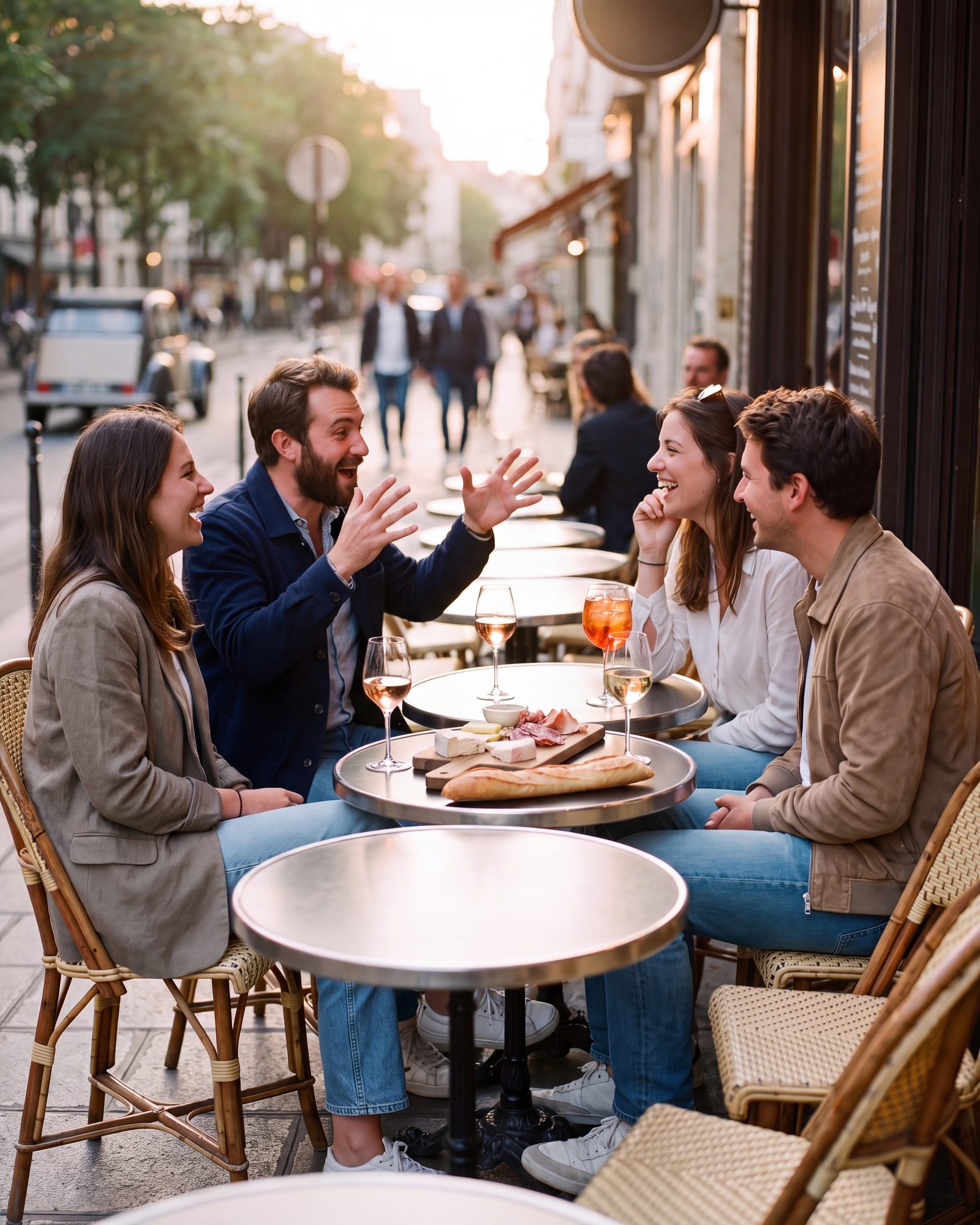 Des amis discutent autour d'un apéro en terrasse, sans téléphone sur la table