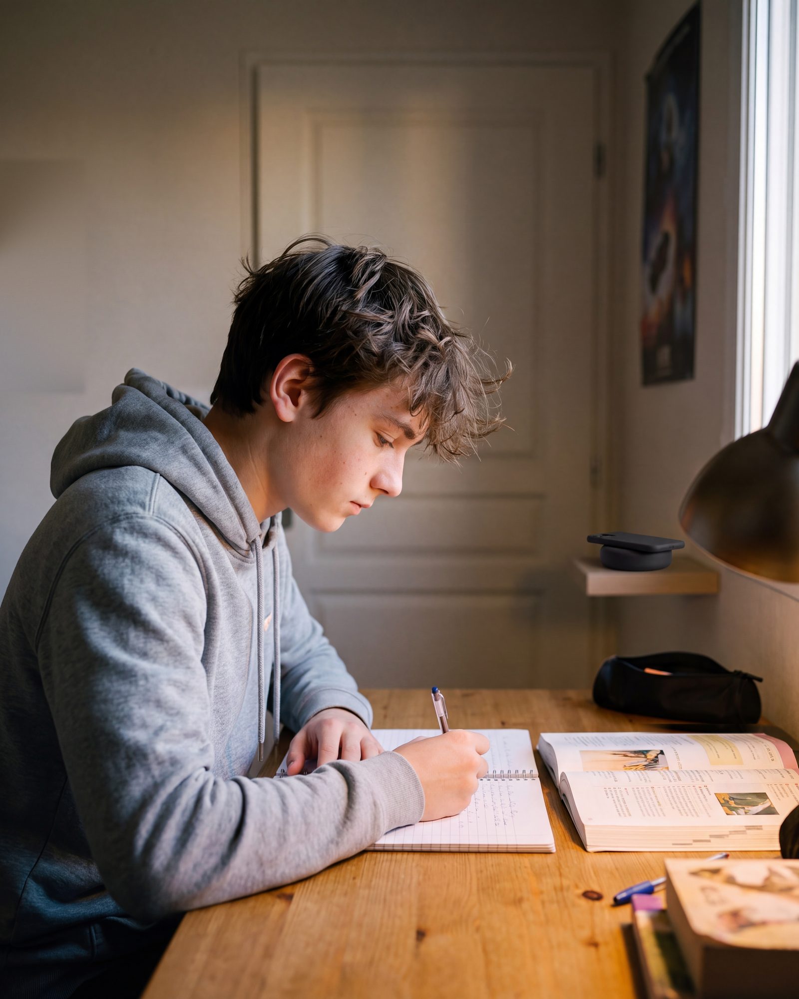 Un lycéen fait ses devoirs à son bureau, son iPhone posé sur le Clac dans un coin