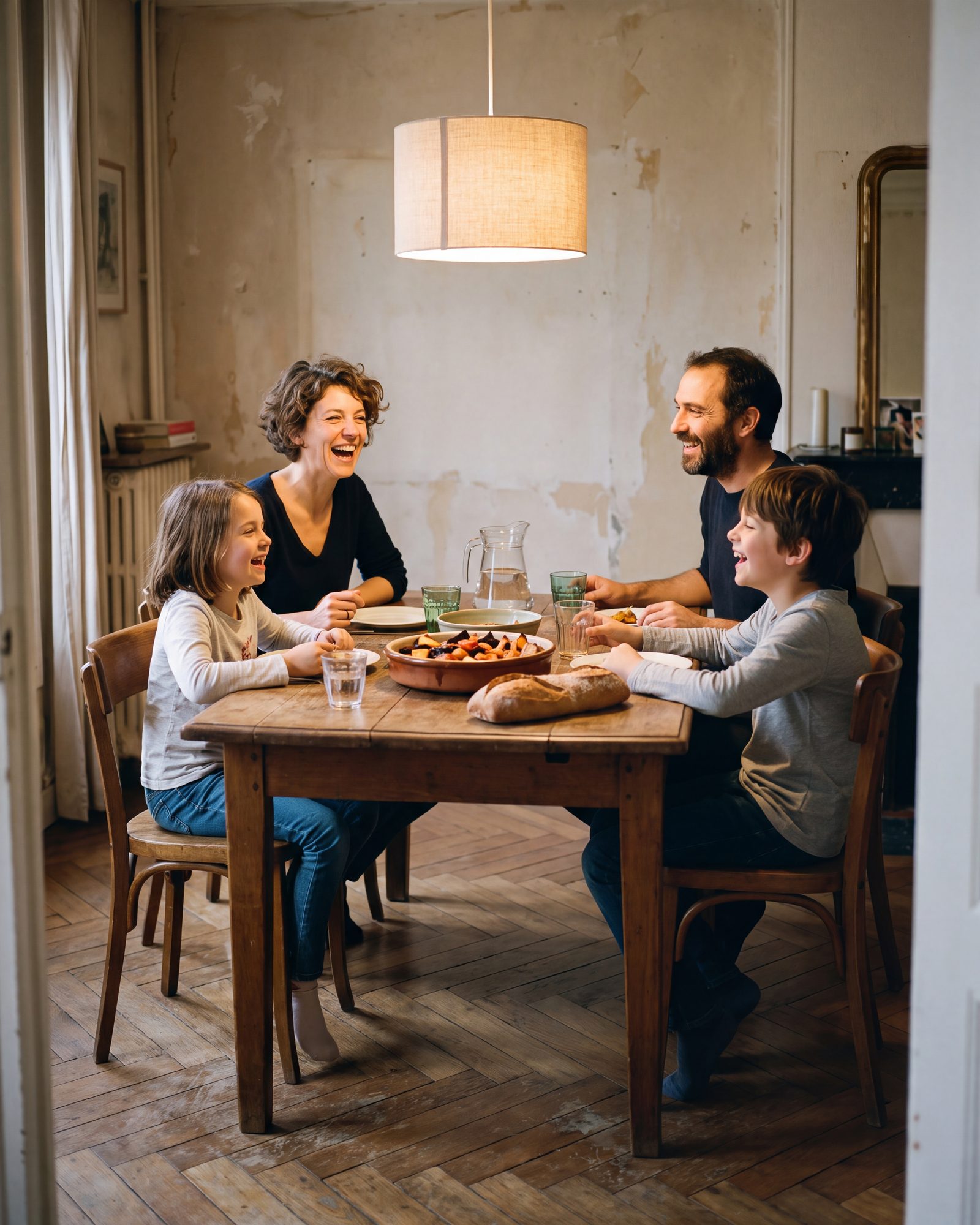 Deux parents et deux enfants rient autour d'une table en bois pendant le dîner