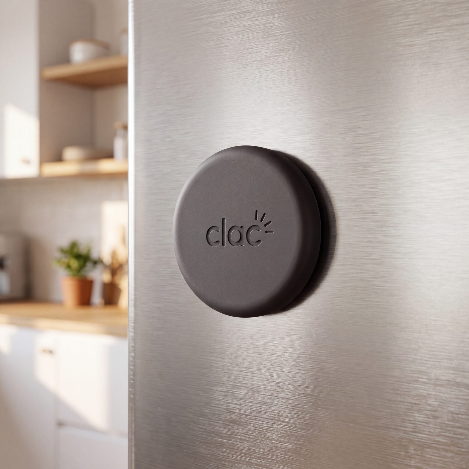 Le Clac collé sur une porte de frigo en inox