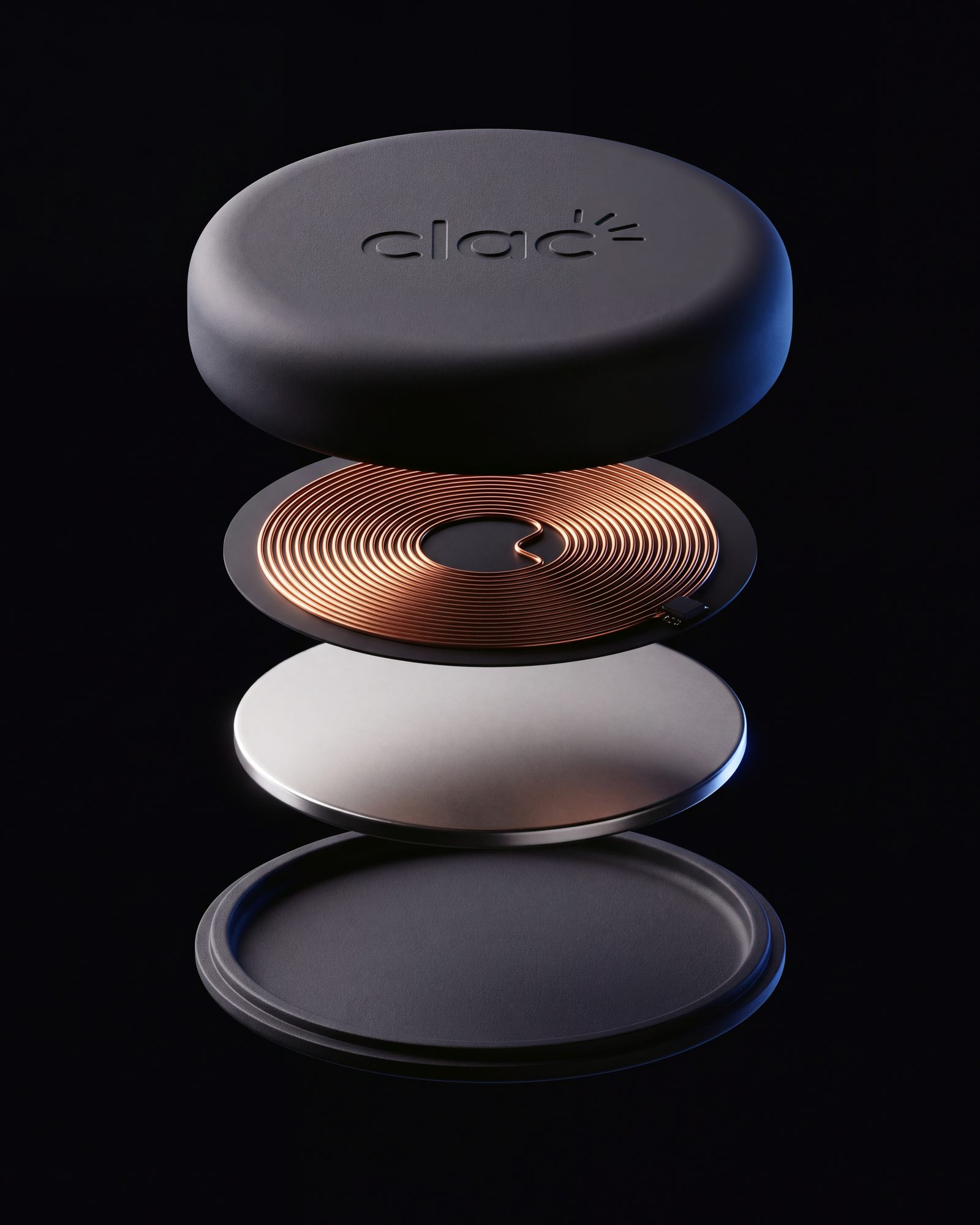 Vue éclatée du Clac&nbsp;: coque en silicone, antenne NFC en cuivre, aimant et base, alignés les uns au-dessus des autres