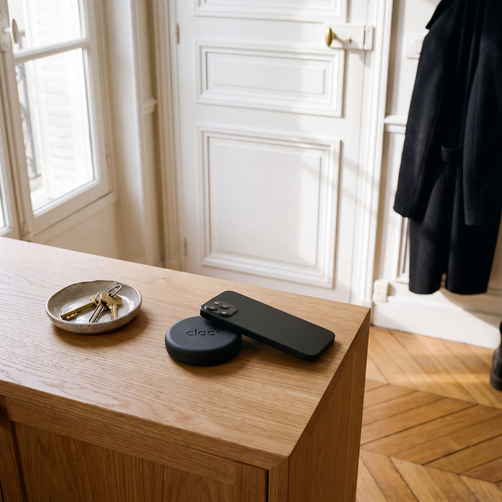 Le Clac sur une console d'entrée en bois, un iPhone couché dessus, à côté des clés