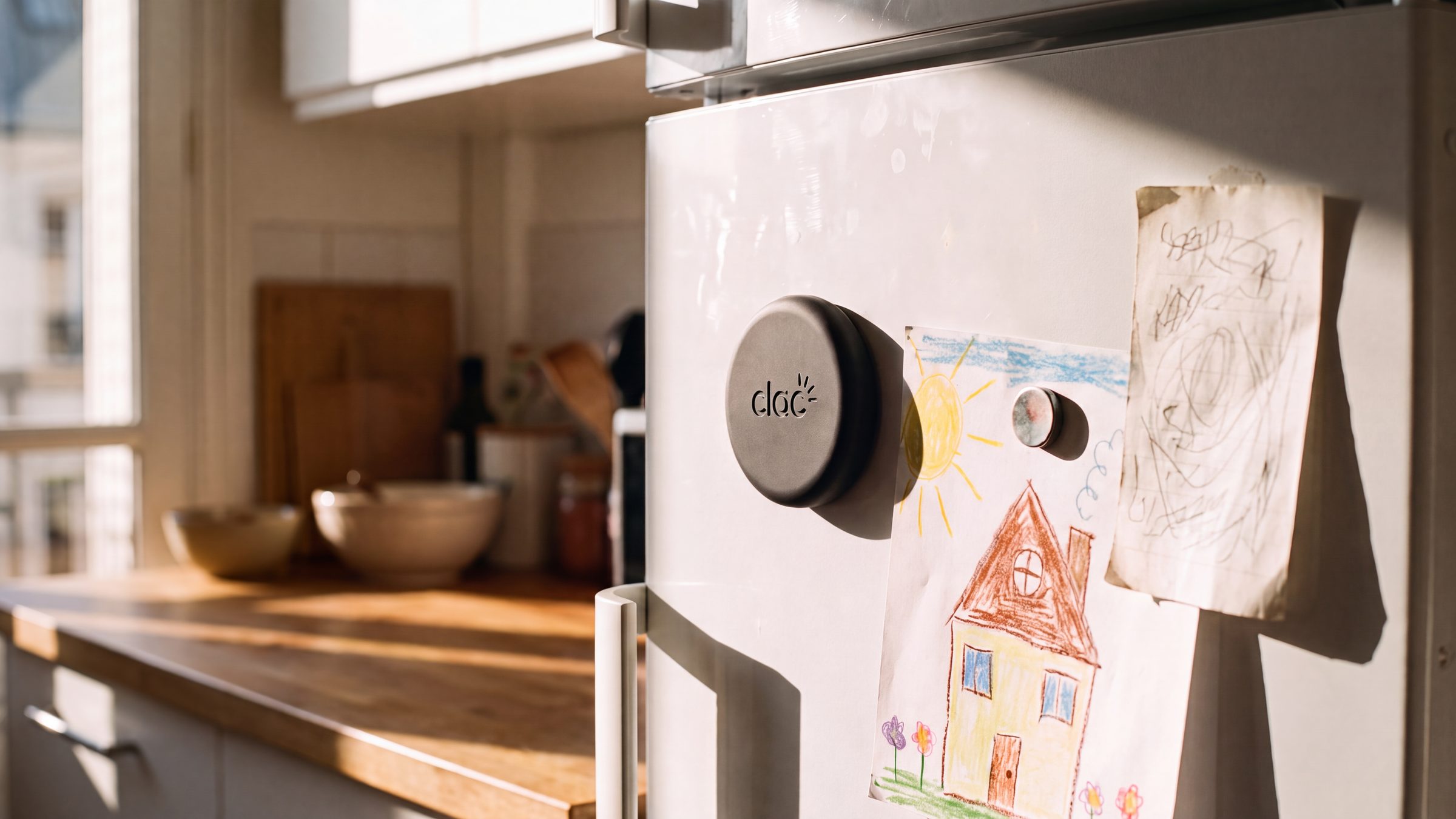 Le Clac sur une porte de frigo blanche, à côté d'un dessin d'enfant et d'une liste de courses