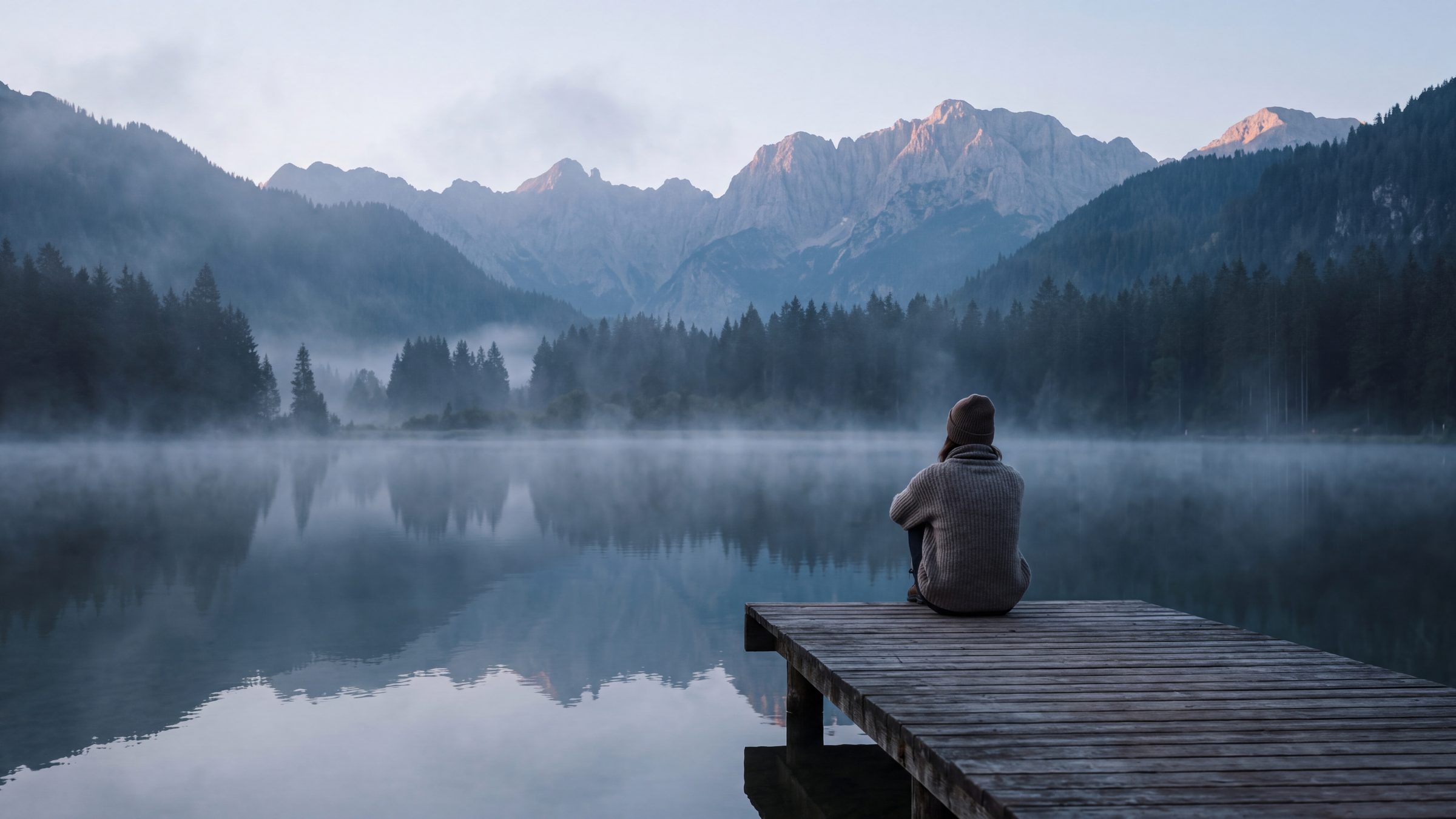 Une personne de dos assise sur un ponton au bord d'un lac de montagne, au petit matin